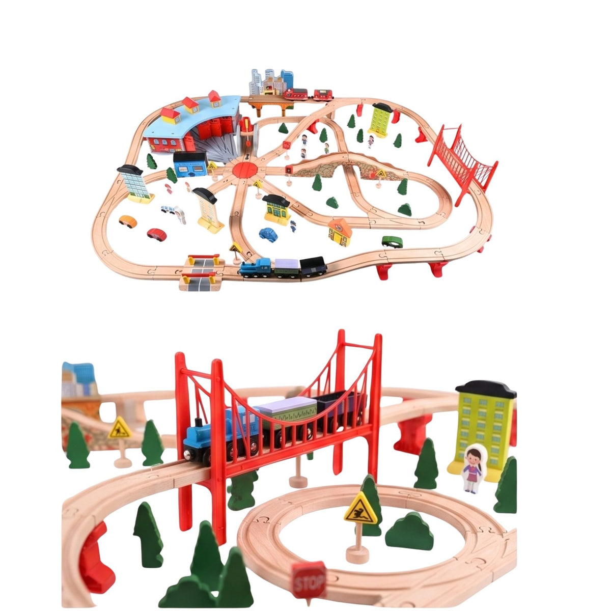 Circuit Trenulet din Lemn cu Locomotiva Electrica, Set Educativ Montessori cu Depou si Placa Turnanta, Pod Suspendat, Macarale si Accesorii Oras, Lemn de Fag si Plastic, 118 Piese, 3 ani+, Multicolor