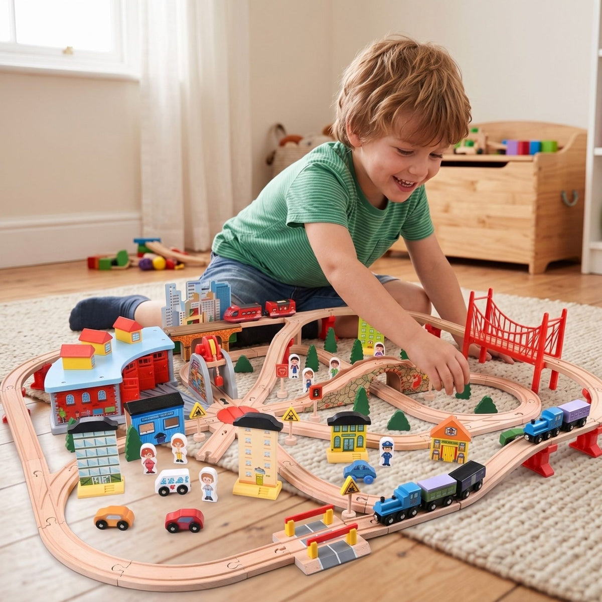 Circuit Trenulet din Lemn cu Locomotiva Electrica, Set Educativ Montessori cu Depou si Placa Turnanta, Pod Suspendat, Macarale si Accesorii Oras, Lemn de Fag si Plastic, 118 Piese, 3 ani+, Multicolor