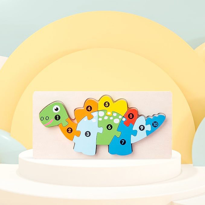 Puzzle din Lemn 3D Montessori, Jucarie Educativa si Interactiva pentru Copii, Dezvoltare Motricitate Fina si Logica, Material Natural, 11 Piese, Model Stegosaurus, 0-3 Ani, Multicolor