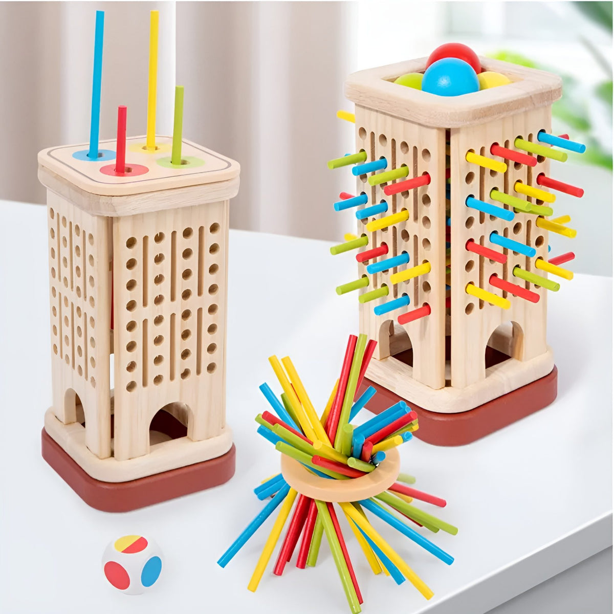 Jucarie Educativa Montessori 3 in 1, Turn KerPlunk cu Betisoare si Bile de Echilibru, Joc Interactiv pentru Dezvoltarea Motricitatii Fine, Lemn Masiv Natural, 3-8 Ani, Multicolor