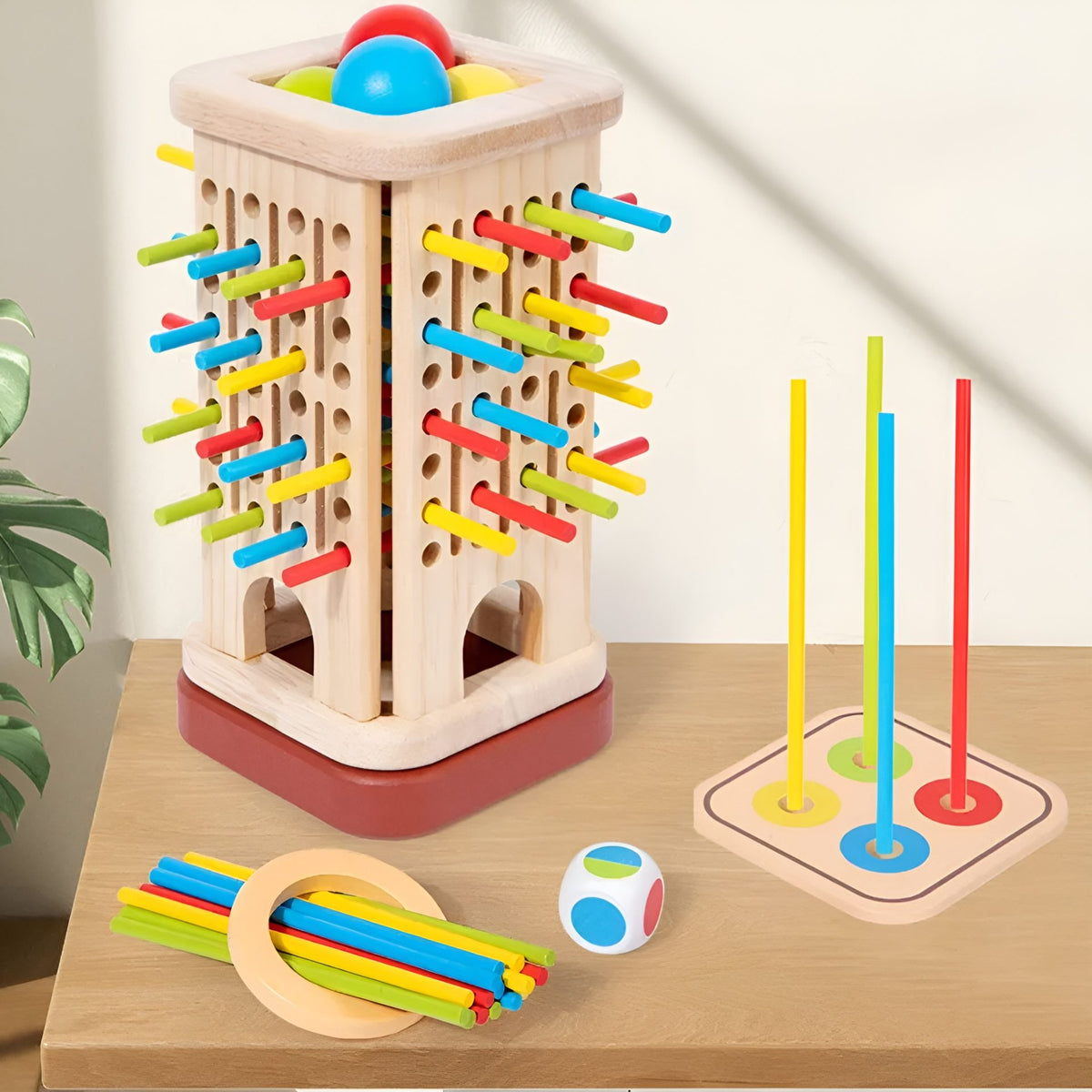 Jucarie Educativa Montessori 3 in 1, Turn KerPlunk cu Betisoare si Bile de Echilibru, Joc Interactiv pentru Dezvoltarea Motricitatii Fine, Lemn Masiv Natural, 3-8 Ani, Multicolor