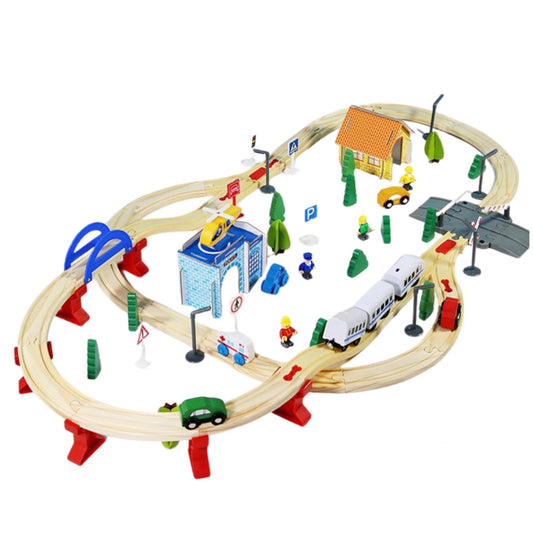 Set Circuit Trenuleț din Lemn cu Locomotivă Electrică, Sistem Feroviar de Oraș cu Secție de Poliție și Heliport, Jucărie Montessori, Lemn Natural, 96 Piese, Multicolor