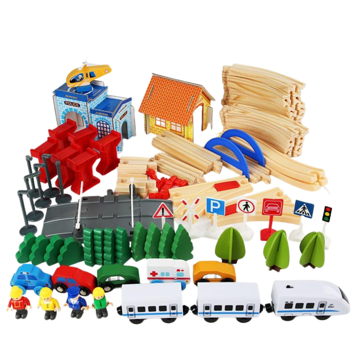 Set Circuit Trenuleț din Lemn cu Locomotivă Electrică, Sistem Feroviar de Oraș cu Secție de Poliție și Heliport, Jucărie Montessori, Lemn Natural, 96 Piese, Multicolor