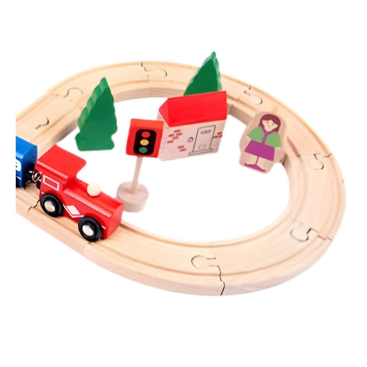 Set Circuit Trenulet din Lemn, Traseu Interactiv in Forma de Infinit cu Accesorii Oras si Masina de Politie, Joc Educativ Montessori, 32 Piese, Multicolor, 3 Ani+