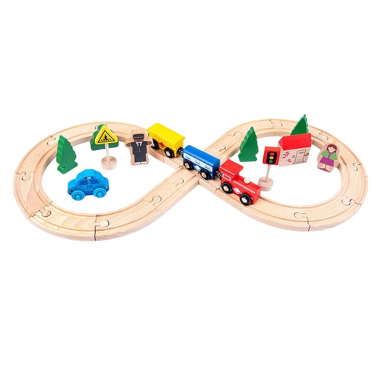 Set Circuit Trenulet din Lemn, Traseu Interactiv in Forma de Infinit cu Accesorii Oras si Masina de Politie, Joc Educativ Montessori, 32 Piese, Multicolor, 3 Ani+