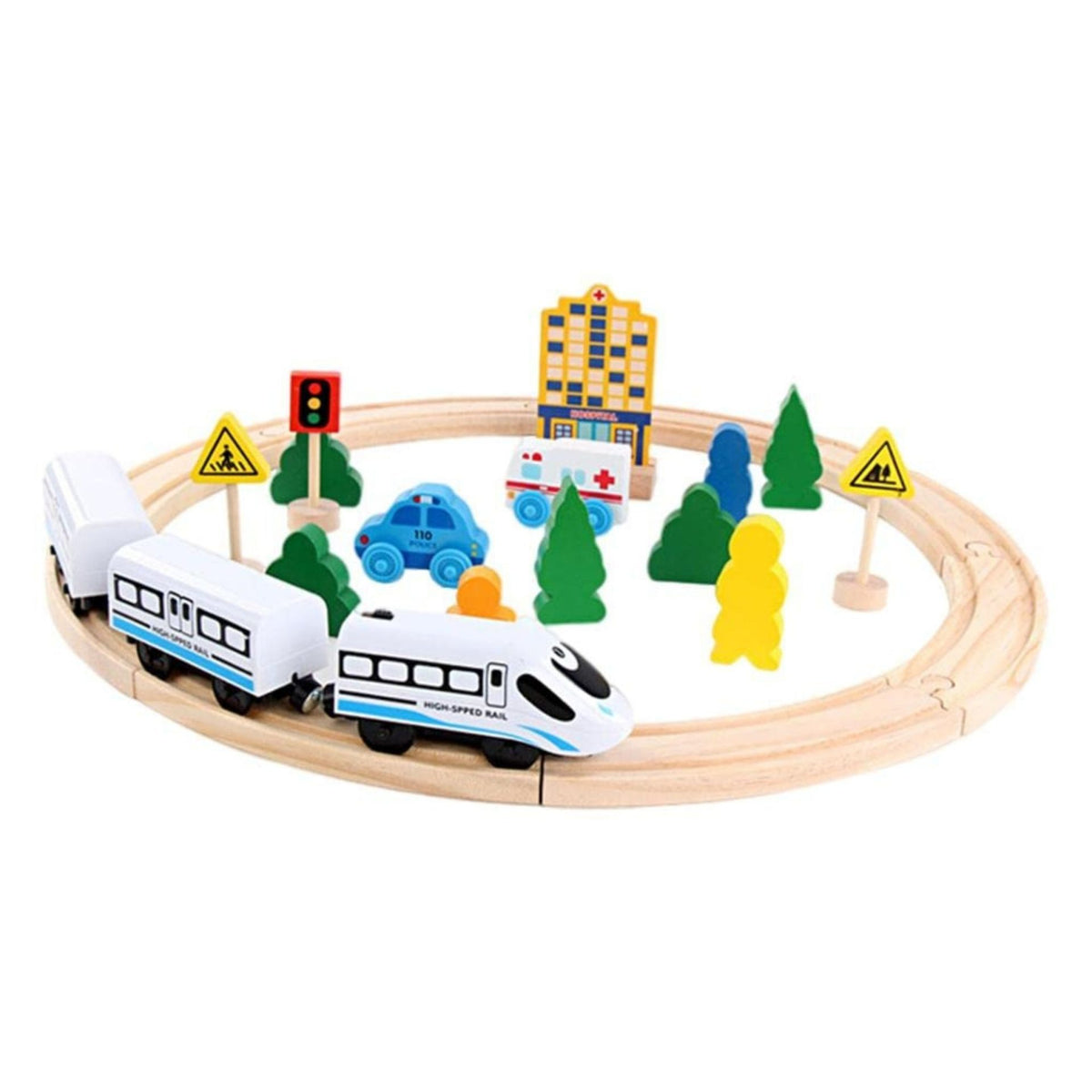Set Circuit Trenulet din Lemn cu Locomotiva Electrica, Traseu Montessori cu Masini de Interventie, Lemn de Fag si Plastic, 26 Piese, Multicolor