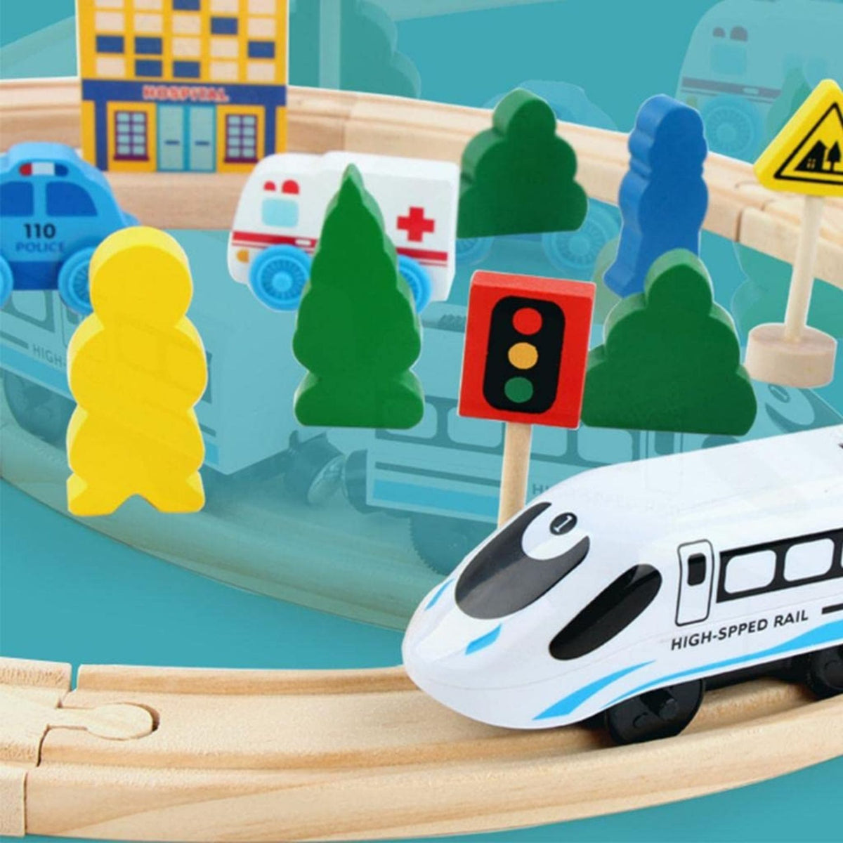 Set Circuit Trenulet din Lemn cu Locomotiva Electrica, Traseu Montessori cu Masini de Interventie, Lemn de Fag si Plastic, 26 Piese, Multicolor
