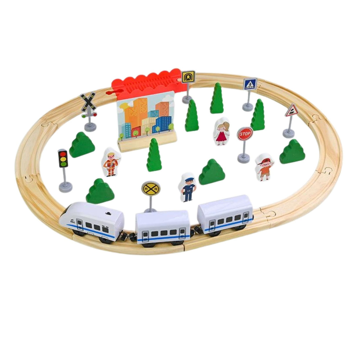 Set Circuit Trenulet din Lemn cu Locomotiva Electrica, Jucarie Educativa Montessori, Accesorii Oras si Figurine Personaje, Lemn Natural si Plastic, 35 Piese, 3 ani+, Multicolor
