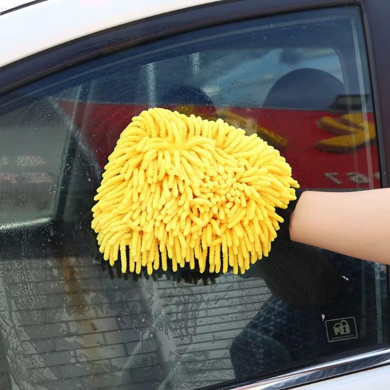 Manusa Spalat Auto 2 in 1 pentru Detailing, Fata Dubla cu Perie si Microfibra Velvet, Impermeabila, Interior si Exterior, Galben/Gri, 22 x 18 cm