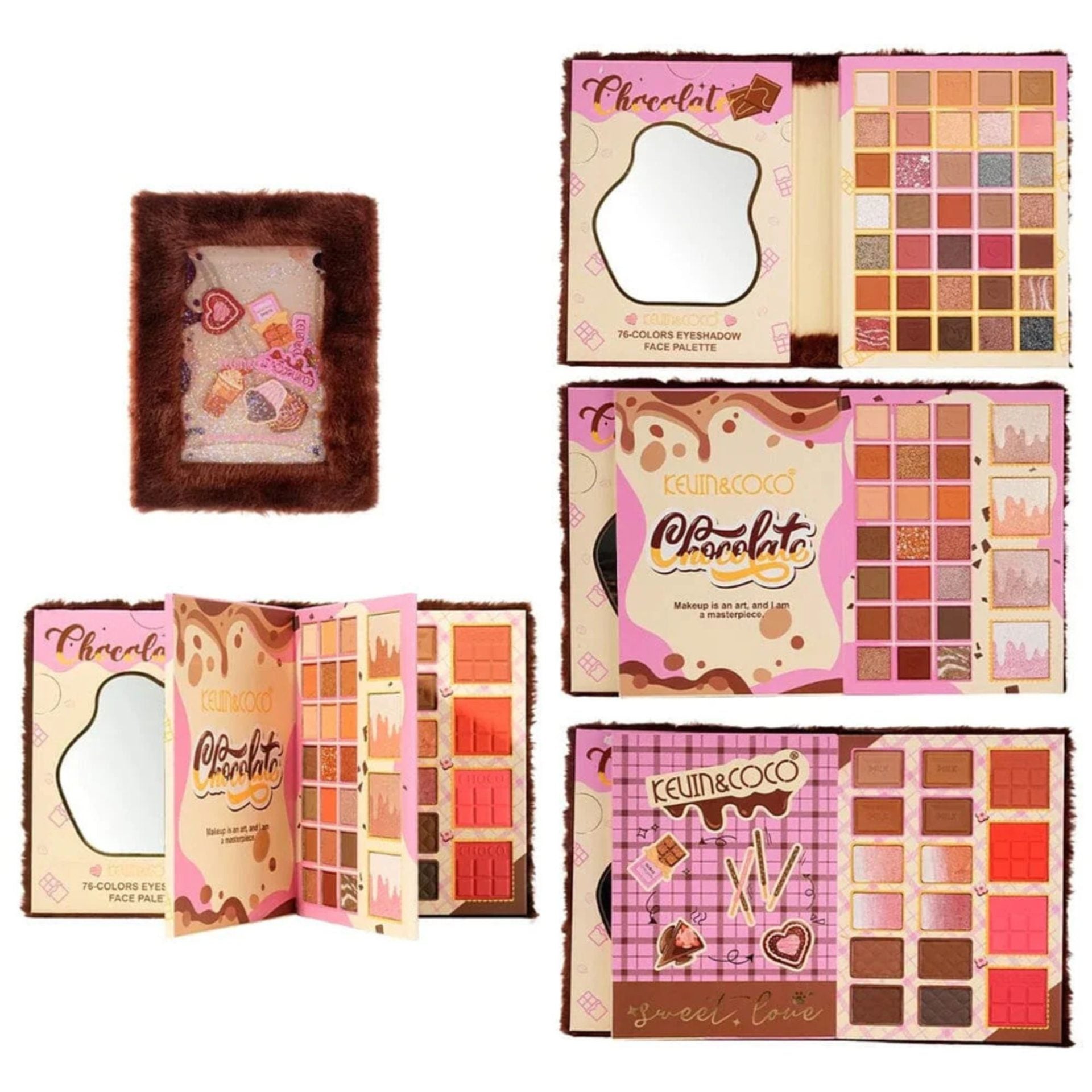 Paleta Machiaj Profesionala Kevin & Coco Chocolate Fuzzy, Trusa Completa 76 Culori Ochi si Fata, Design Blana Artificiala si Glitter Lichid, Multicolor, 500 g