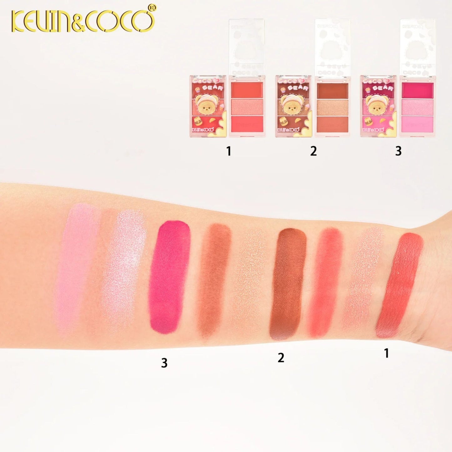 Kevin&Coco Paleta Fard de Obraz, Blush, Iluminator si Contur 3 in 1, Model Coco Bear, Textura Pudra Compacta, Efect Natural si Luminos, Roz, 71.7 g