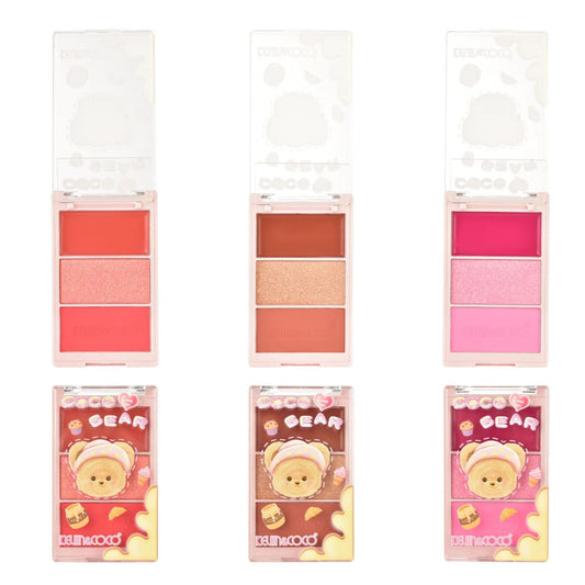 Kevin&Coco Paleta Fard de Obraz, Blush, Iluminator si Contur 3 in 1, Model Coco Bear, Textura Pudra Compacta, Efect Natural si Luminos, Roz, 71.7 g