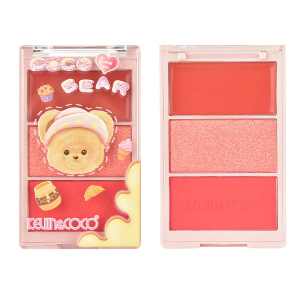 Kevin&Coco Paleta Fard de Obraz, Iluminator si Contur Coco Bear, Textura Pudra Compacta, 3 Nuanțe, 71.7 g, Coral