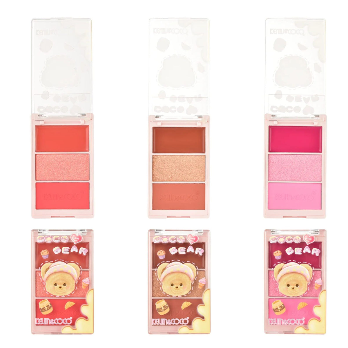 Kevin&Coco Paleta Fard de Obraz, Iluminator si Contur Coco Bear, Textura Pudra Compacta, 3 Nuanțe, 71.7 g, Coral