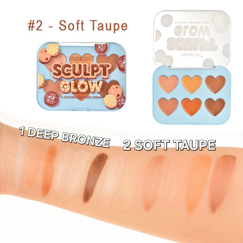 Kevin&Coco, Paleta Machiaj pentru Conturul Fetei, Textura Cremoasa cu Finish Satinat, 6 Nuante, Model 2 Soft Taupe, 72 g
