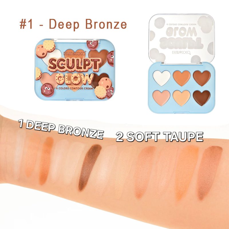 Kevin&Coco, Paleta Machiaj pentru Conturul Fetei, 6 Nuante de Bronz, Textura Crema cu Aspect Satinat, 12 x 9.2 x 1 cm, 72 g, Model 1 Deep Bronze