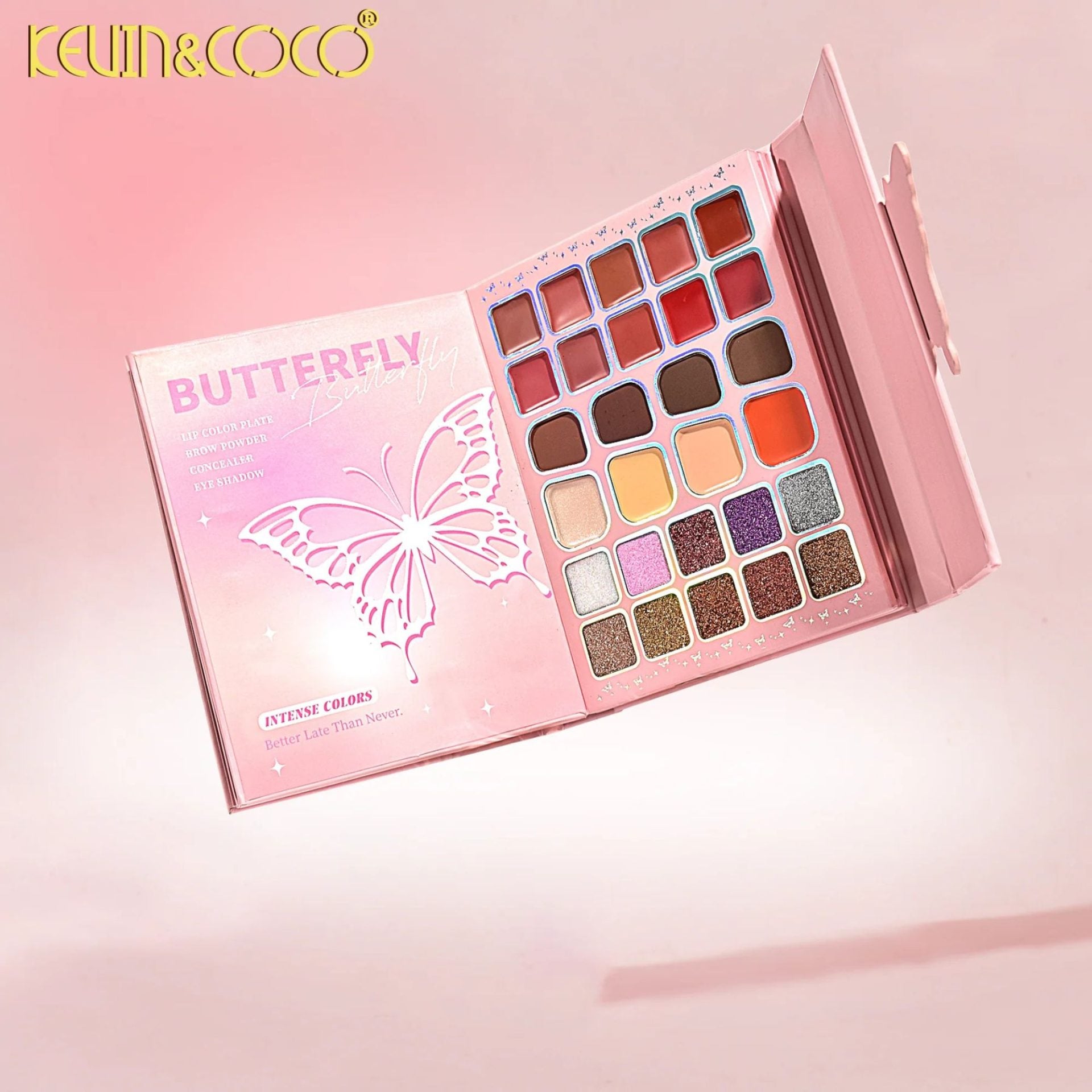 Kevin & Coco Paleta de Machiaj Profesionala Glowy Butterfly, Trusa Multifunctionala pentru Ochi, Buze si Fata, Design Fluture 3D, 94 Nuante Mate, Sidefate si Glitter, 21x16.5x3.6 cm, Multicolora