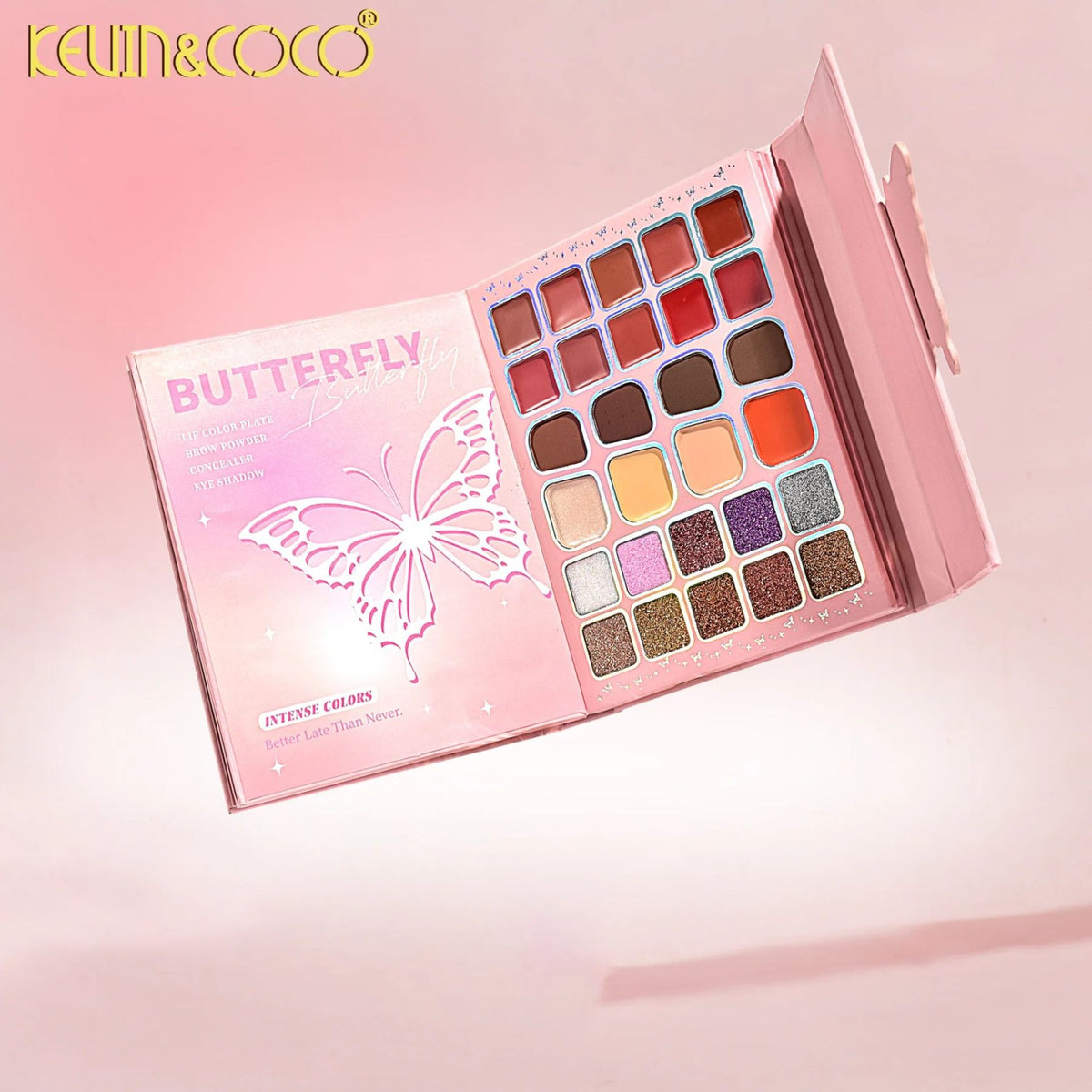 Kevin & Coco Paleta de Machiaj Profesionala Glowy Butterfly, Trusa Multifunctionala pentru Ochi, Buze si Fata, Design Fluture 3D, 94 Nuante Mate, Sidefate si Glitter, 21x16.5x3.6 cm, Multicolora