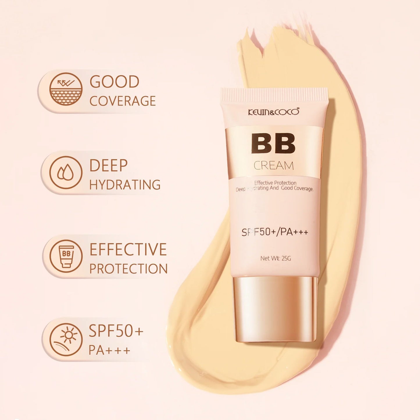 Kevin&Coco Cremă BB Radiance-Enhancing, Protecție Solară SPF 50+ și PA+++, Hidratare cu Acid Hialuronic, Textură Lejeră, Nuanță KC04 Golden Beige, 25 g
