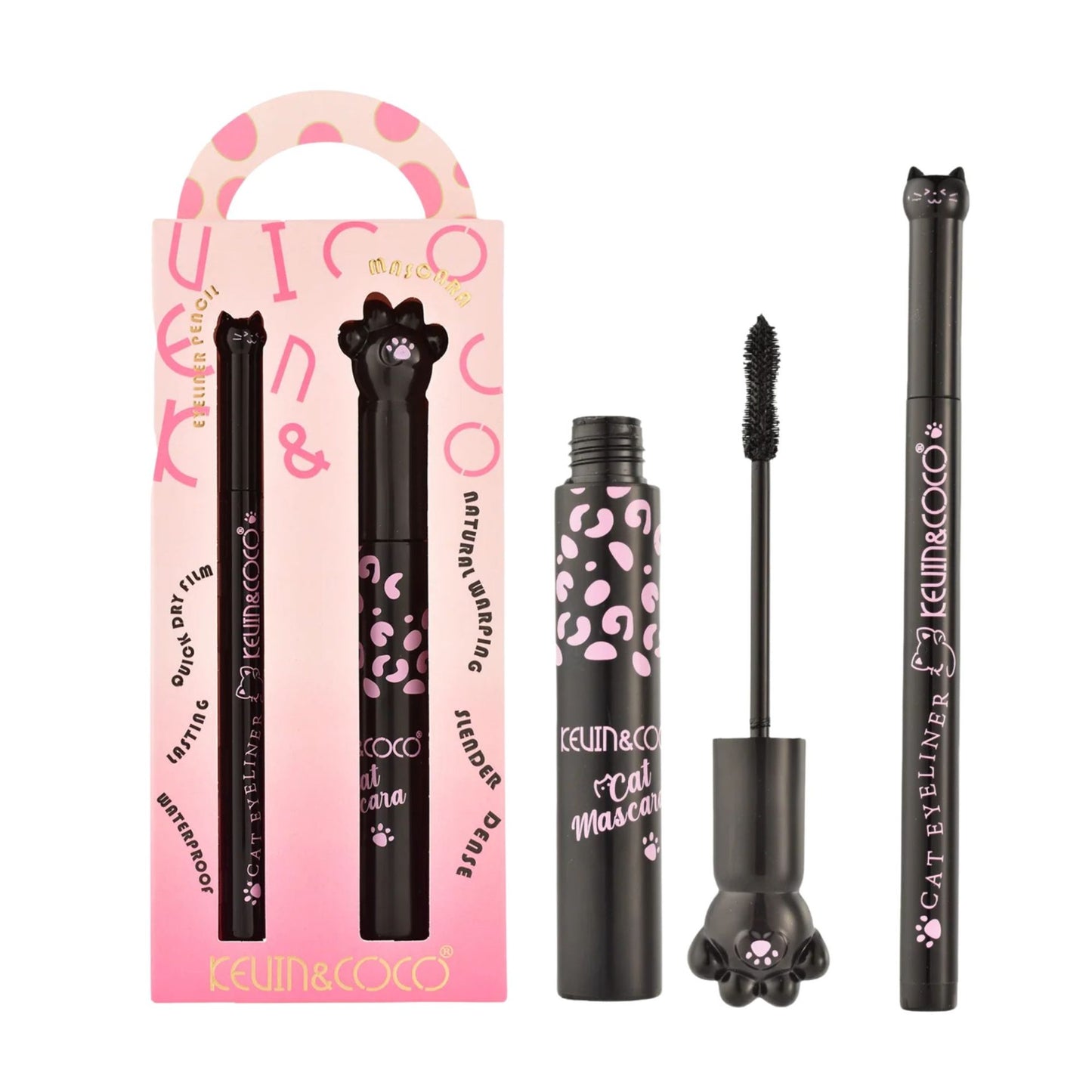Kevin & Coco Set Machiaj Mascara si Tus de Ochi Lichid, Rezistent la Apa, Design Labuta de Pisica, Efect Volum si Alungire, Negru Intens, 10 ml, 2 Piese