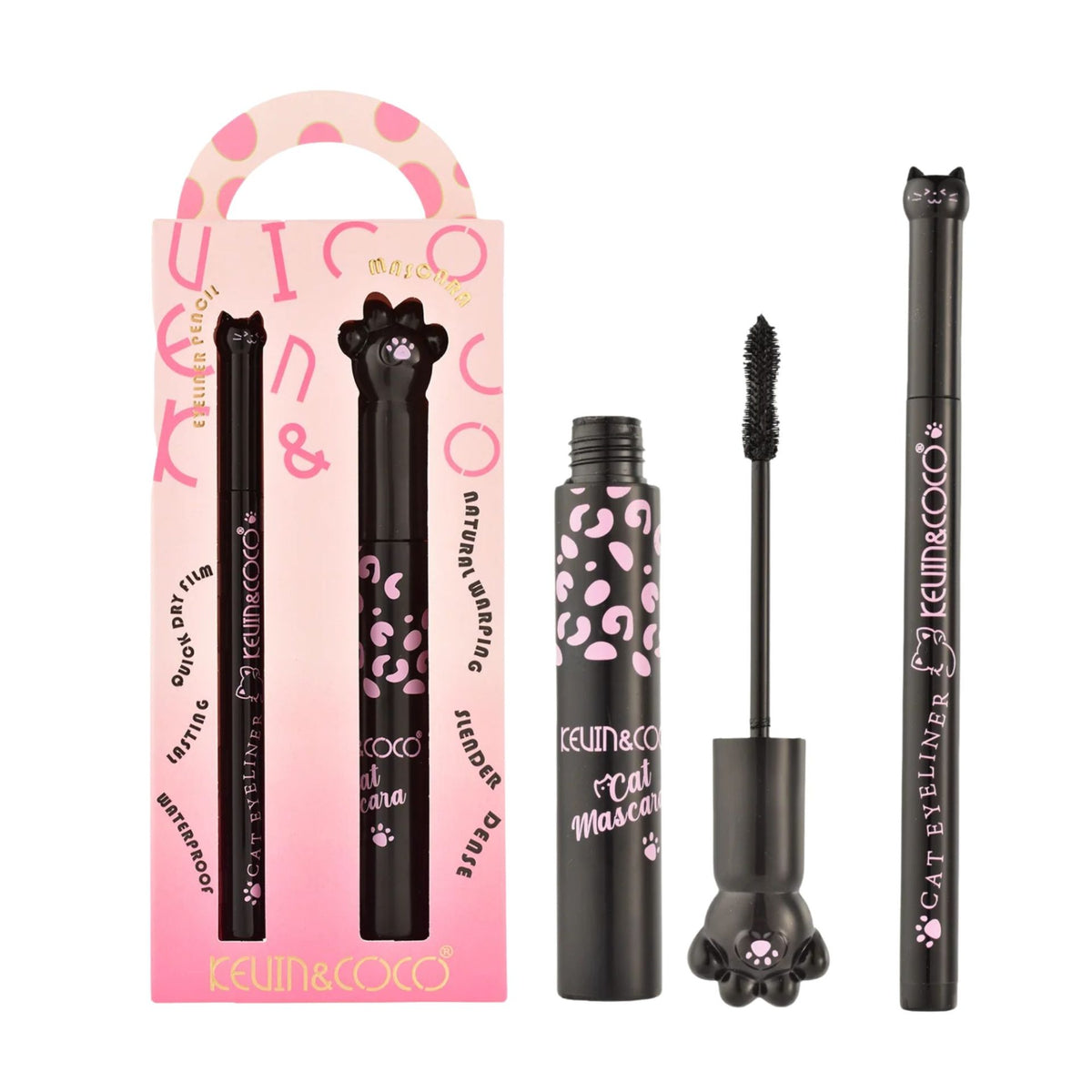 Kevin & Coco Set Machiaj Mascara si Tus de Ochi Lichid, Rezistent la Apa, Design Labuta de Pisica, Efect Volum si Alungire, Negru Intens, 10 ml, 2 Piese