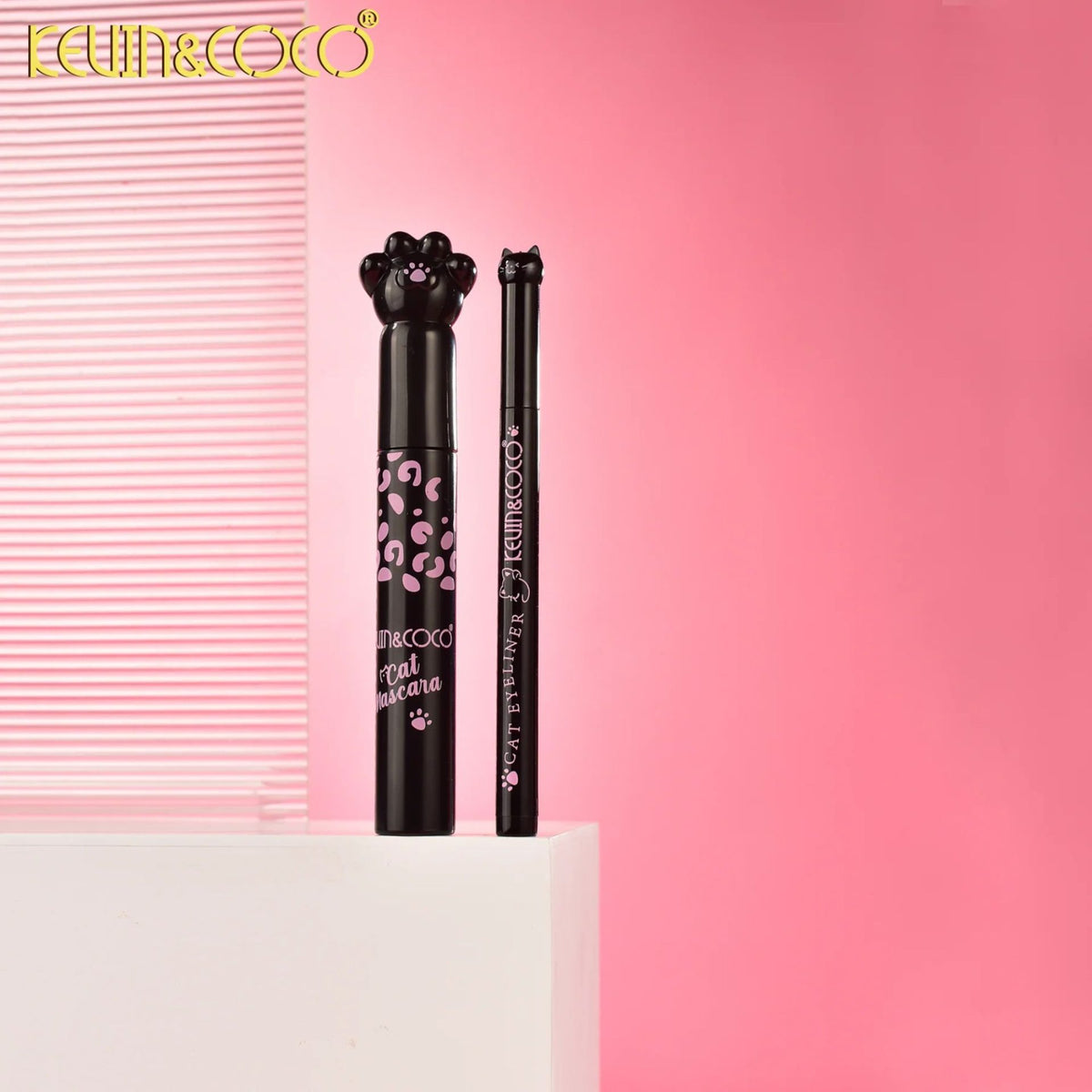 Kevin & Coco Set Machiaj Mascara si Tus de Ochi Lichid, Rezistent la Apa, Design Labuta de Pisica, Efect Volum si Alungire, Negru Intens, 10 ml, 2 Piese