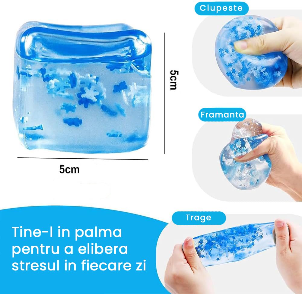 Cub Fidget Antistres, Model 3D Cub de Gheata cu Fulgi, Jucarie Senzoriala cu Revenire Lenta, Termoplastic, 5x5x5 cm, Albastru