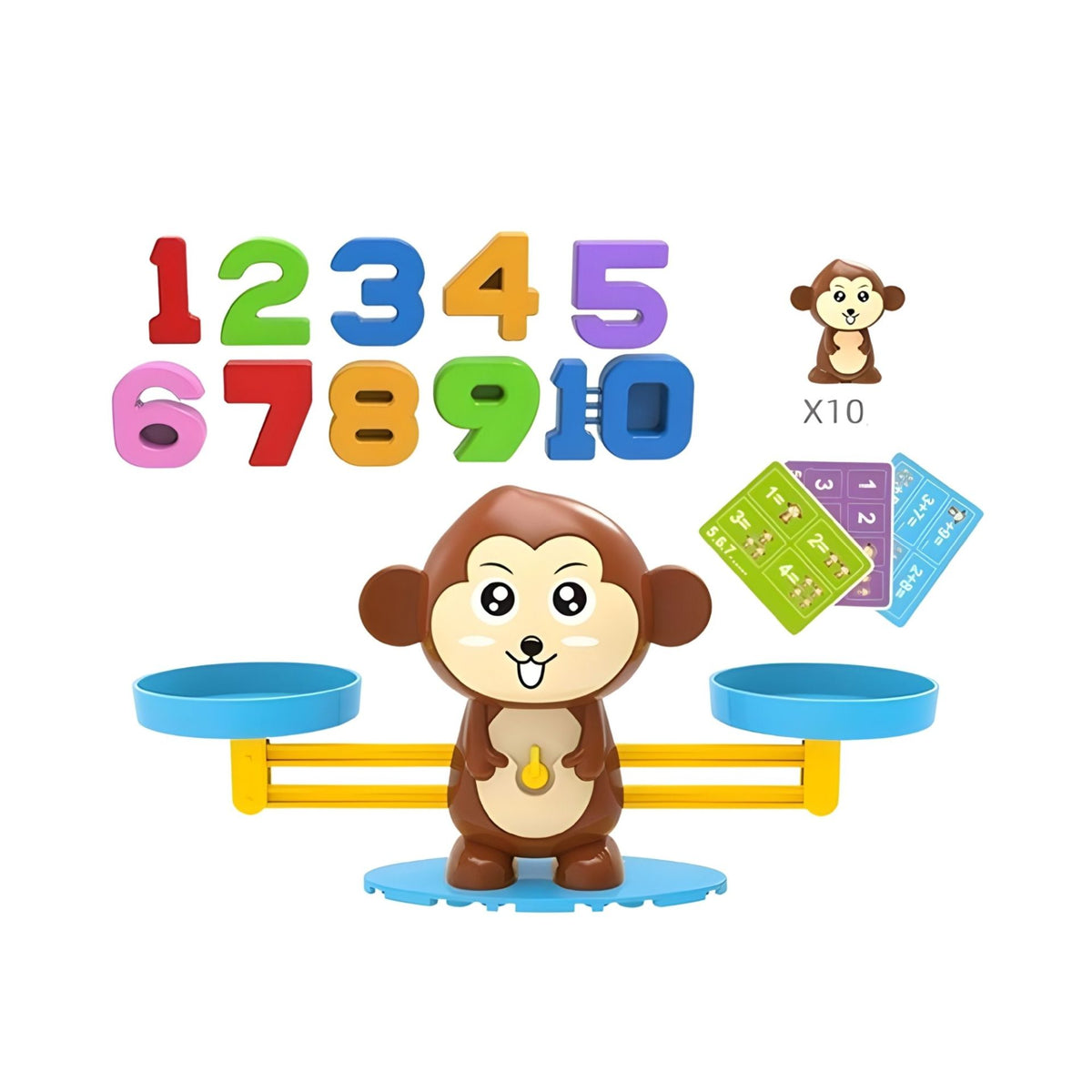 Joc Educativ Balanta Matematica Maimuta Inteligenta, Jucarie Montessori pentru Invatare Numere si Calcul, Plastic ABS, Set 65 Piese cu 30 Carduri, 3 ani+, Maro/Multicolor