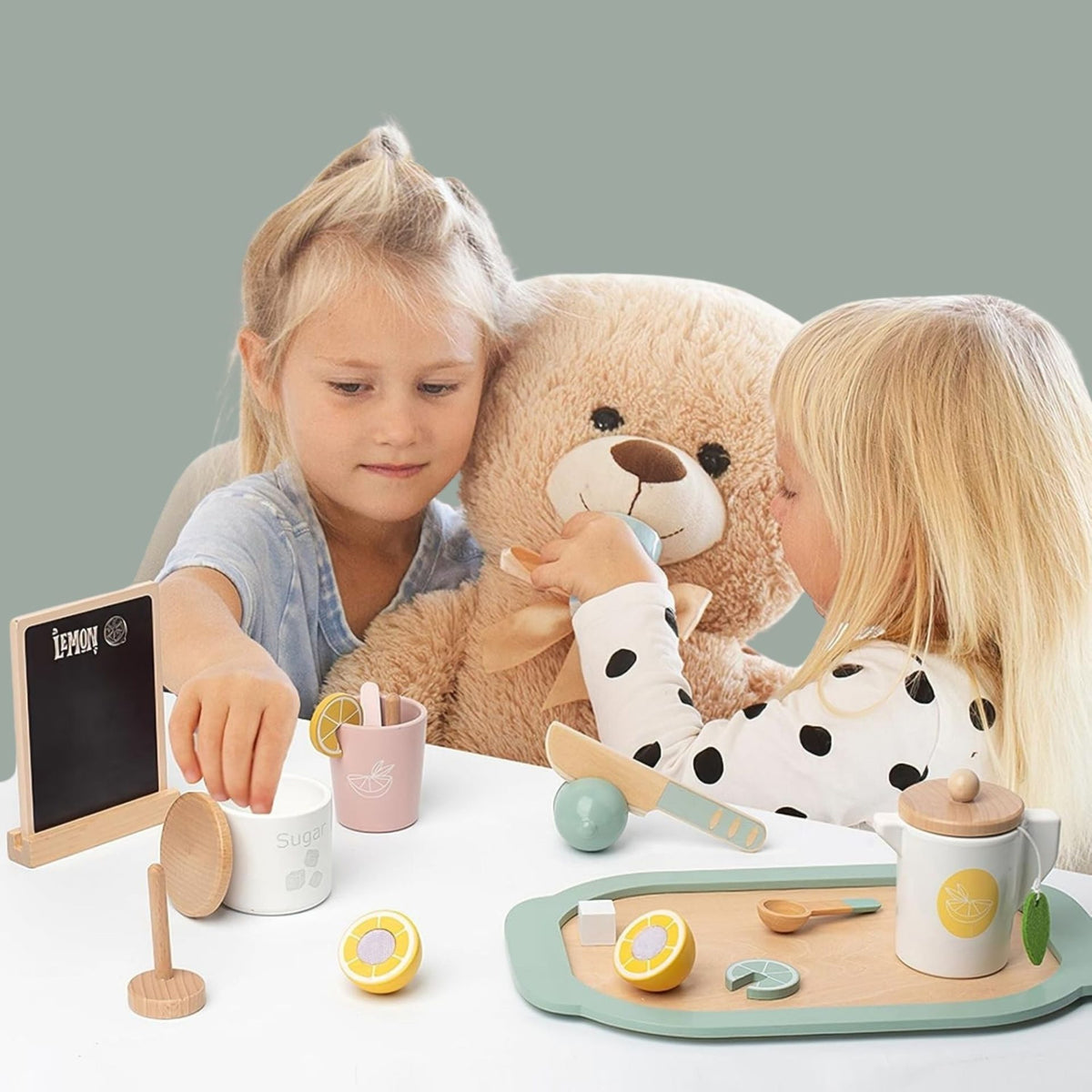 Set de Ceai Lemon Tea, Jucarie Educativa Montessori din Lemn, Joc de Rol Bucatarie cu Accesorii Interactive si Fructe cu Scai, Multicolor, 3 Ani+