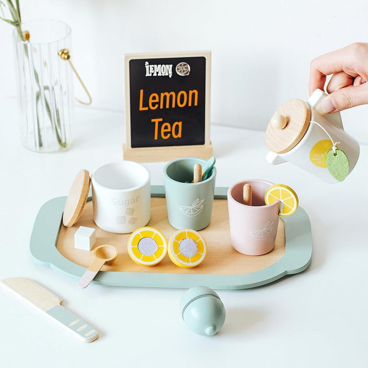 Set de Ceai Lemon Tea, Jucarie Educativa Montessori din Lemn, Joc de Rol Bucatarie cu Accesorii Interactive si Fructe cu Scai, Multicolor, 3 Ani+