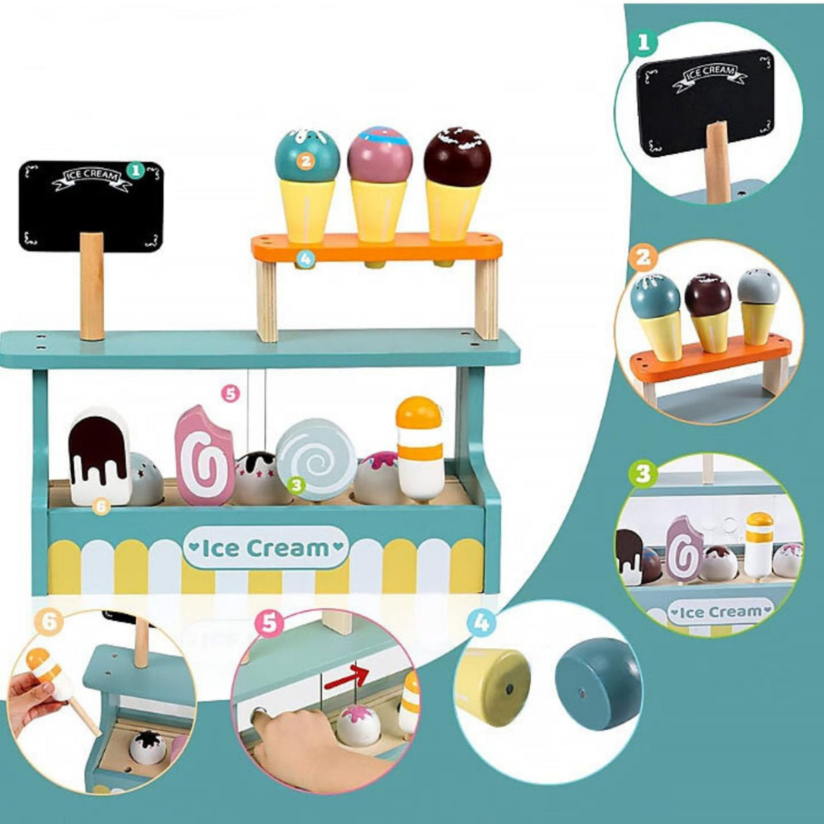 Stand de Inghetata Montessori, Set de Joaca Educativ cu Elemente Magnetice si Joc de Rol, Lemn Natural, Vitrina Glisanta si Mini-Tabla, 3 ani+, Multicolor