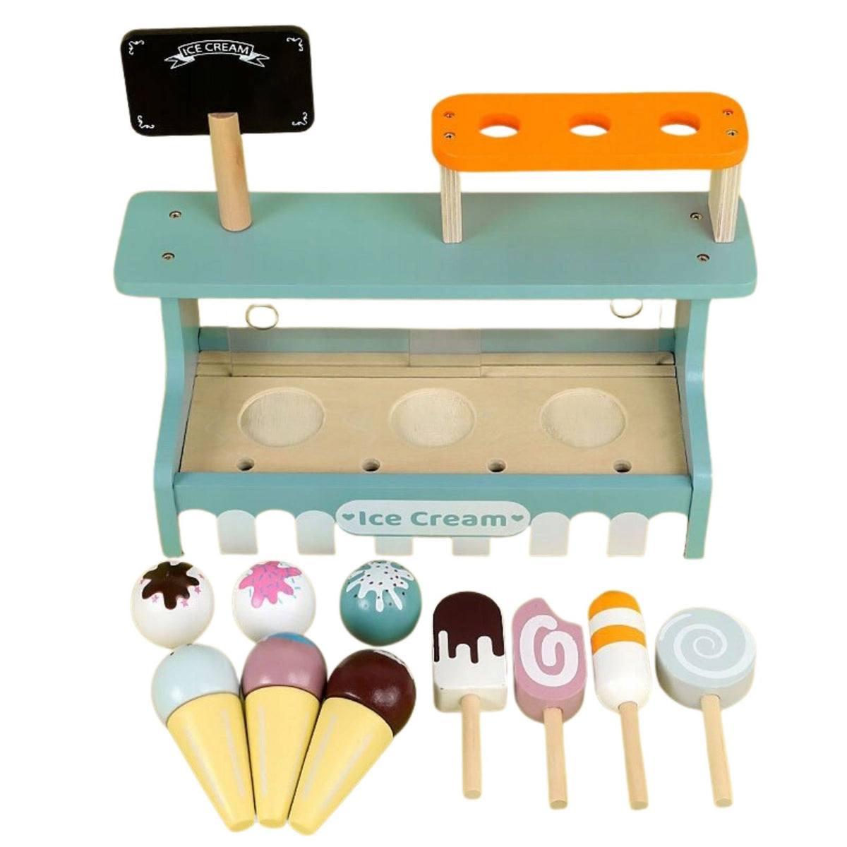 Stand de Inghetata Montessori, Set de Joaca Educativ cu Elemente Magnetice si Joc de Rol, Lemn Natural, Vitrina Glisanta si Mini-Tabla, 3 ani+, Multicolor