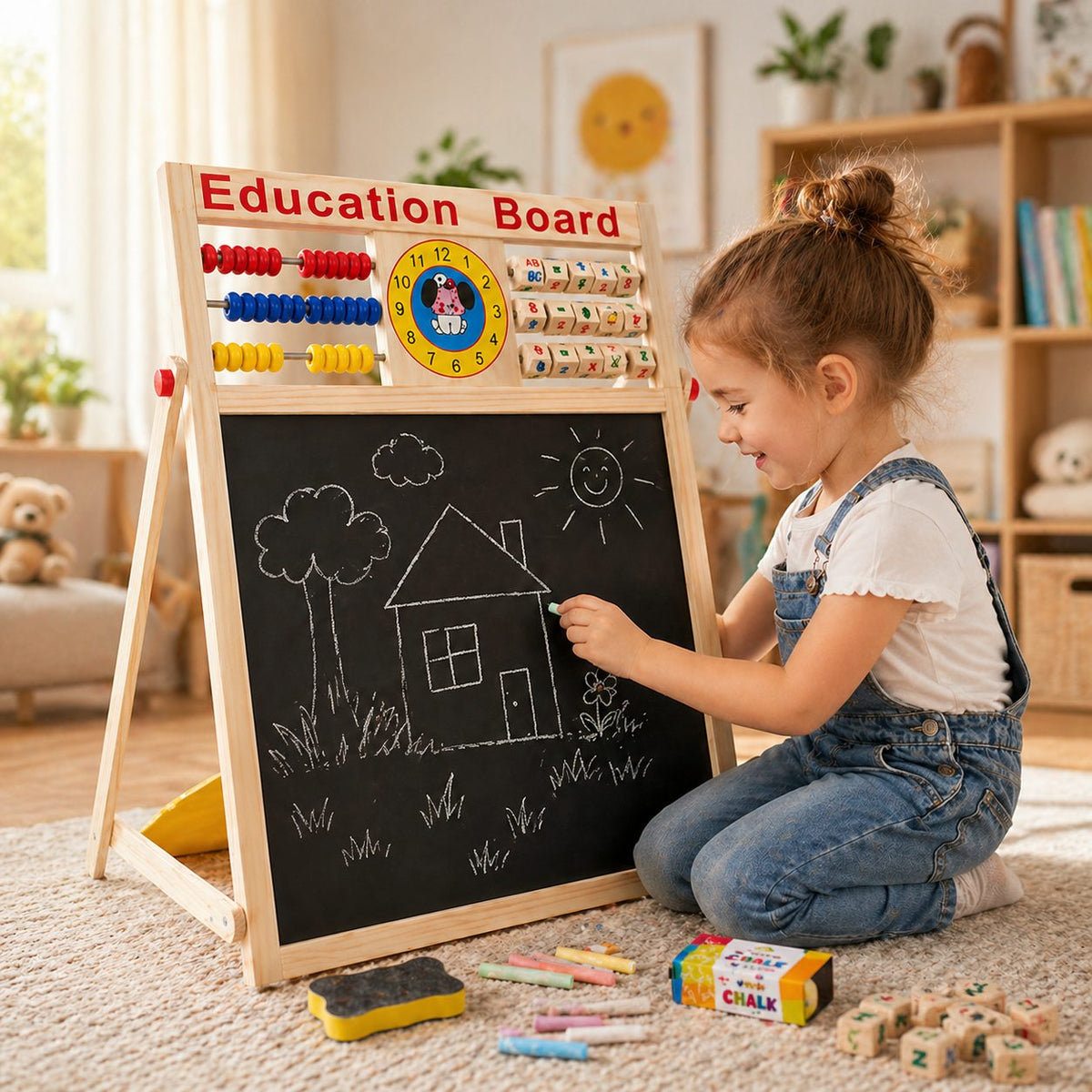 Tabla Educativa Magnetica cu 2 Fete, Reglabil pe Inaltime, Dotata cu Abac si Ceas, Include Litere si Cifre, Cadru din Lemn Natur, 52x36 cm