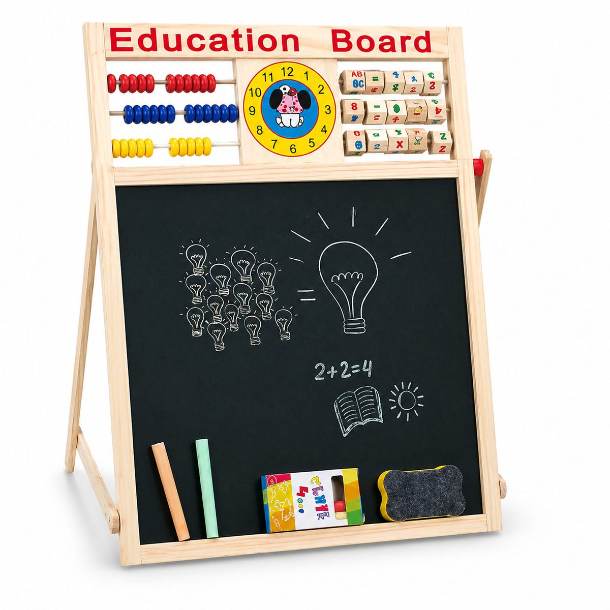Tabla Educativa Magnetica cu 2 Fete, Reglabil pe Inaltime, Dotata cu Abac si Ceas, Include Litere si Cifre, Cadru din Lemn Natur, 52x36 cm