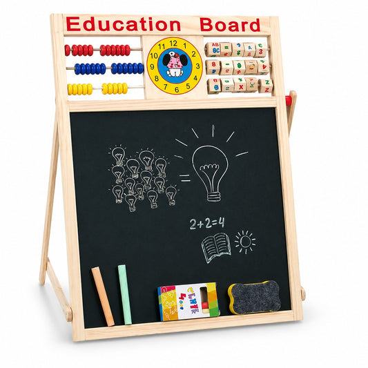 Tabla Educativa Magnetica cu 2 Fete, Reglabil pe Inaltime, Dotata cu Abac si Ceas, Include Litere si Cifre, Cadru din Lemn Natur, 52x36 cm