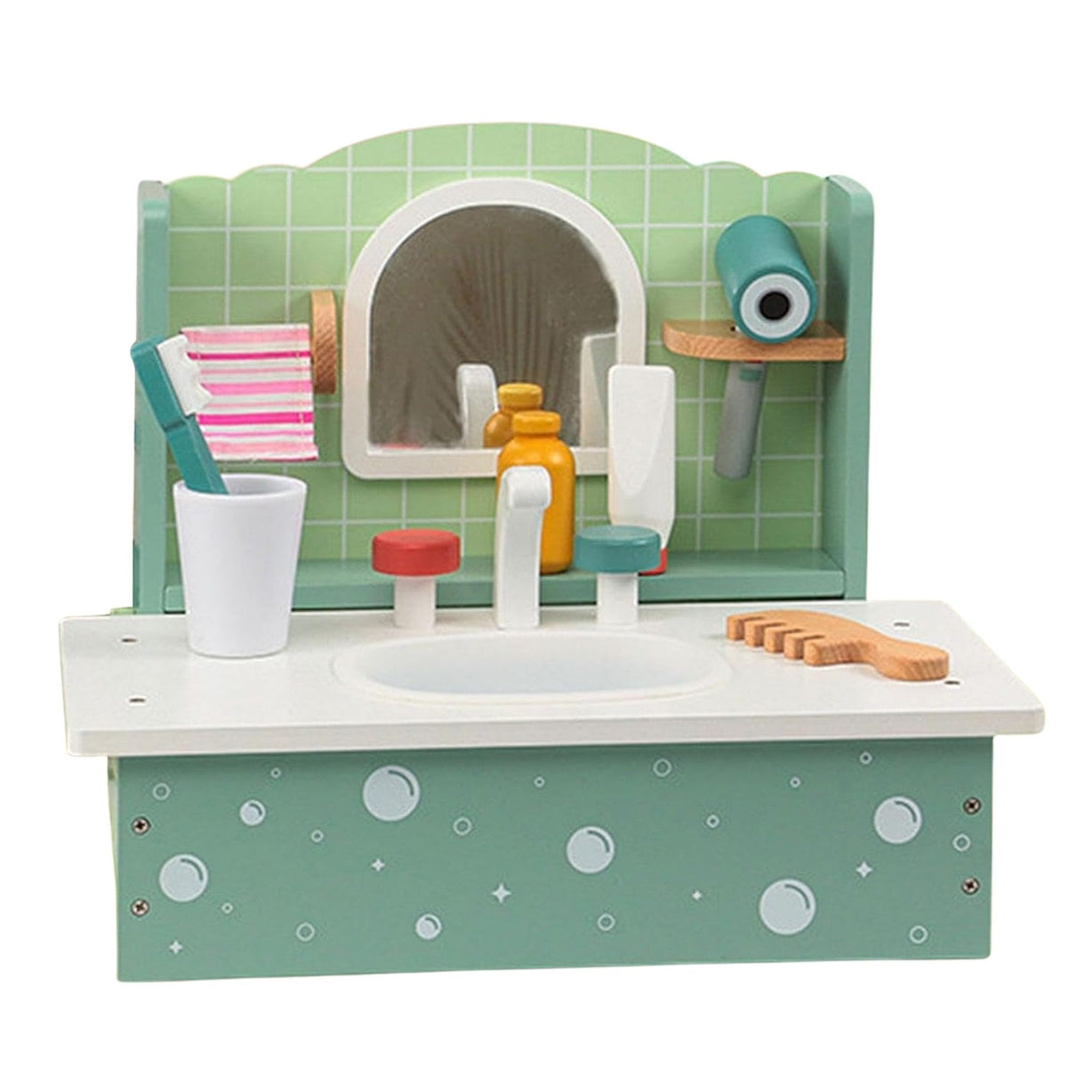 Jucarie Educativa Montessori, Masuta de Toaleta si Lavoar Interactiv cu Accesorii de Ingrijire, Lemn Natural, 33.5 x 25.5 x 26.5 cm, 3 Ani+, Multicolor