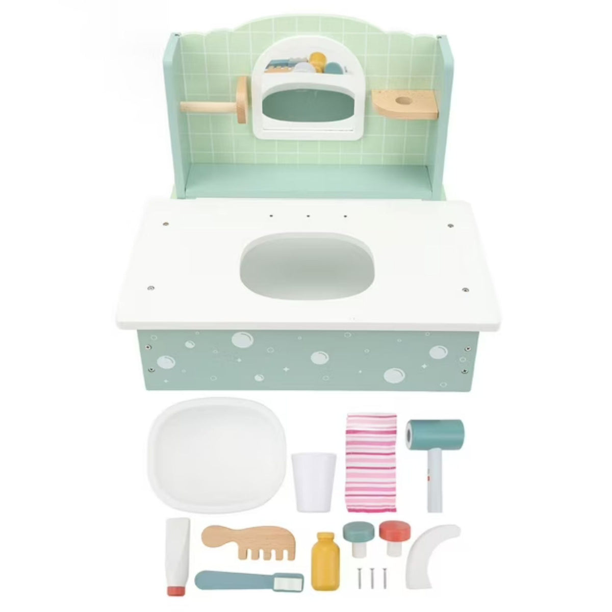 Jucarie Educativa Montessori, Masuta de Toaleta si Lavoar Interactiv cu Accesorii de Ingrijire, Lemn Natural, 33.5 x 25.5 x 26.5 cm, 3 Ani+, Multicolor