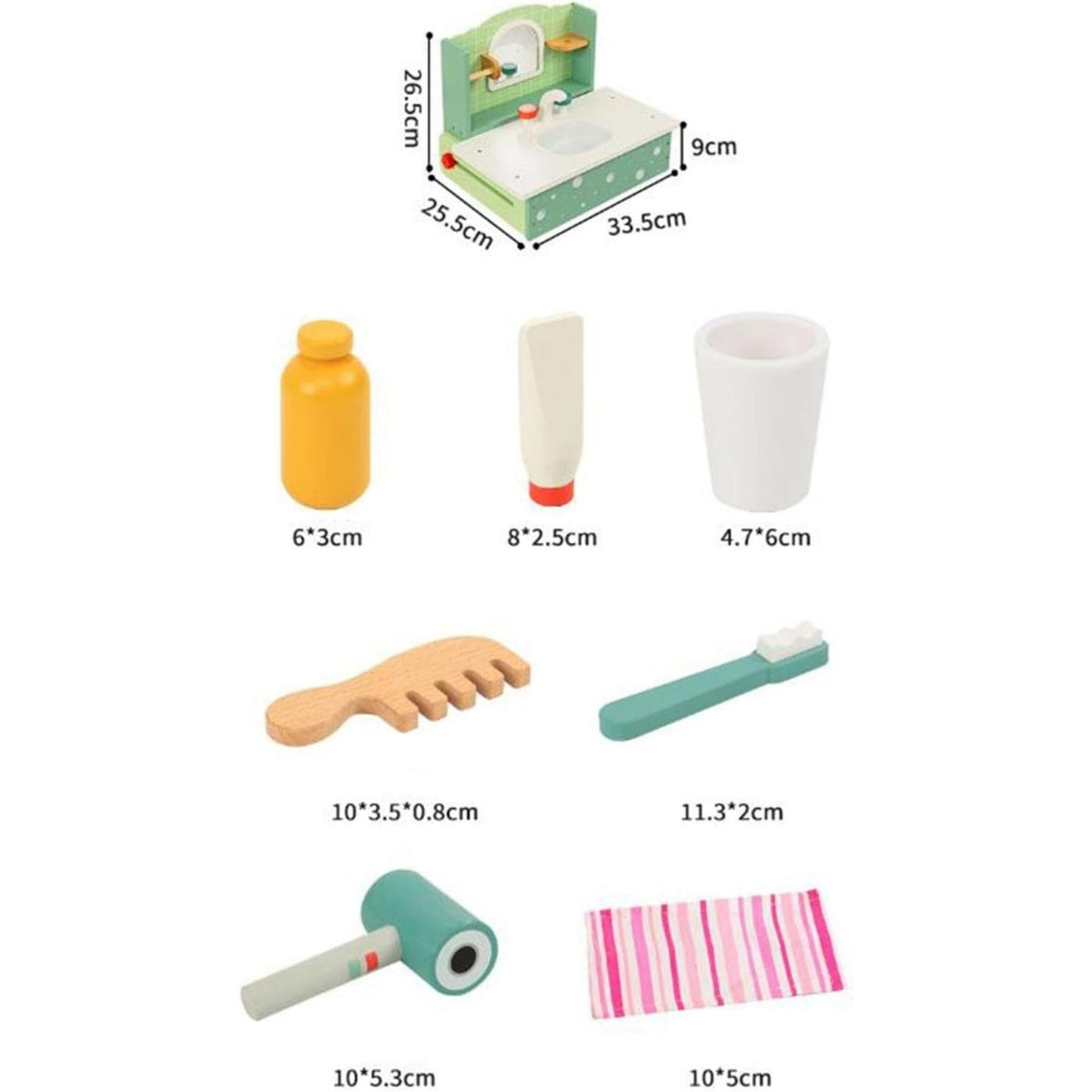 Jucarie Educativa Montessori, Masuta de Toaleta si Lavoar Interactiv cu Accesorii de Ingrijire, Lemn Natural, 33.5 x 25.5 x 26.5 cm, 3 Ani+, Multicolor