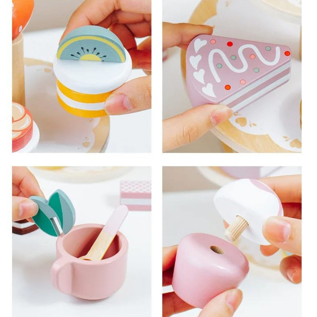 Jucarie Educativa Montessori, Etajera cu 3 Niveluri pentru Deserturi si Prajituri, Set de Joaca Interactiv cu 15 Accesorii, Lemn Natural, 3 Ani+, Multicolor