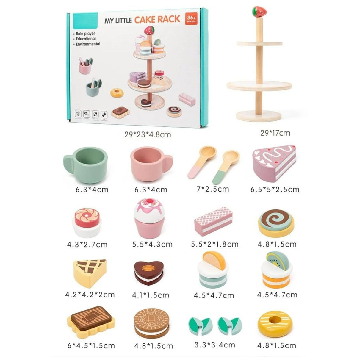Jucarie Educativa Montessori, Etajera cu 3 Niveluri pentru Deserturi si Prajituri, Set de Joaca Interactiv cu 15 Accesorii, Lemn Natural, 3 Ani+, Multicolor