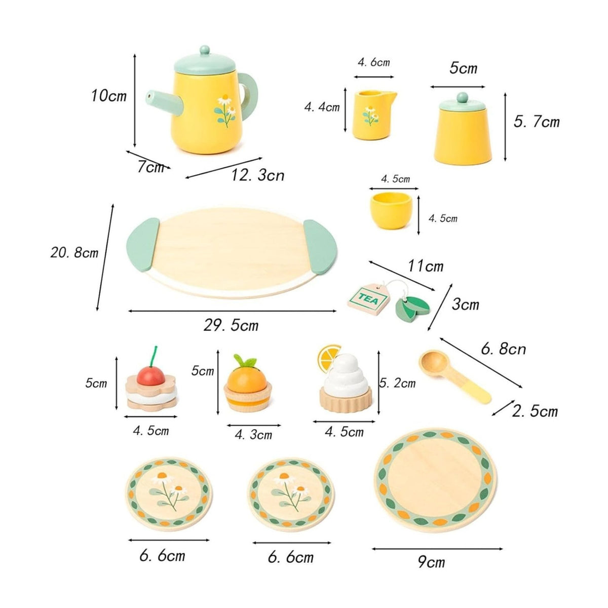 Set de Ceai Royal Tea Daisy, Jucarie Educativa Montessori din Lemn cu Prajituri si Accesorii, Joc de Rol Interactiv pentru Copii, Multicolor, 12 Piese, 3 Ani+