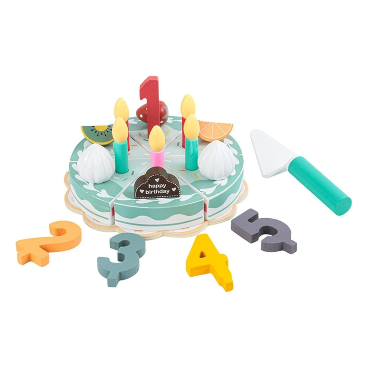Jucarie Educativa Montessori, Tort Aniversar Interactiv cu Scai pentru Taiat, Set de Joaca din Lemn cu Cifre 1-5 si Accesorii, Dezvoltare Motricitate, 3 Ani+, Multicolor, 17 Piese