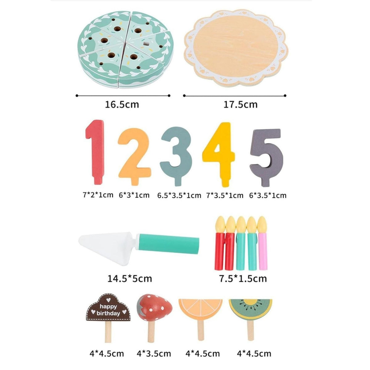Jucarie Educativa Montessori, Tort Aniversar Interactiv cu Scai pentru Taiat, Set de Joaca din Lemn cu Cifre 1-5 si Accesorii, Dezvoltare Motricitate, 3 Ani+, Multicolor, 17 Piese