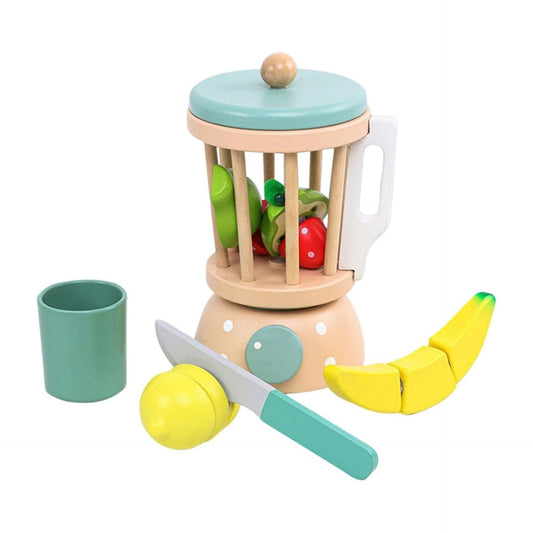 Jucarie Montessori Storcator de Fructe cu Blender Interactiv, Set de Joaca Educativ cu Fructe de Taiat si Accesorii, Lemn Natural, 3 Ani+, Multicolor, 8 Piese