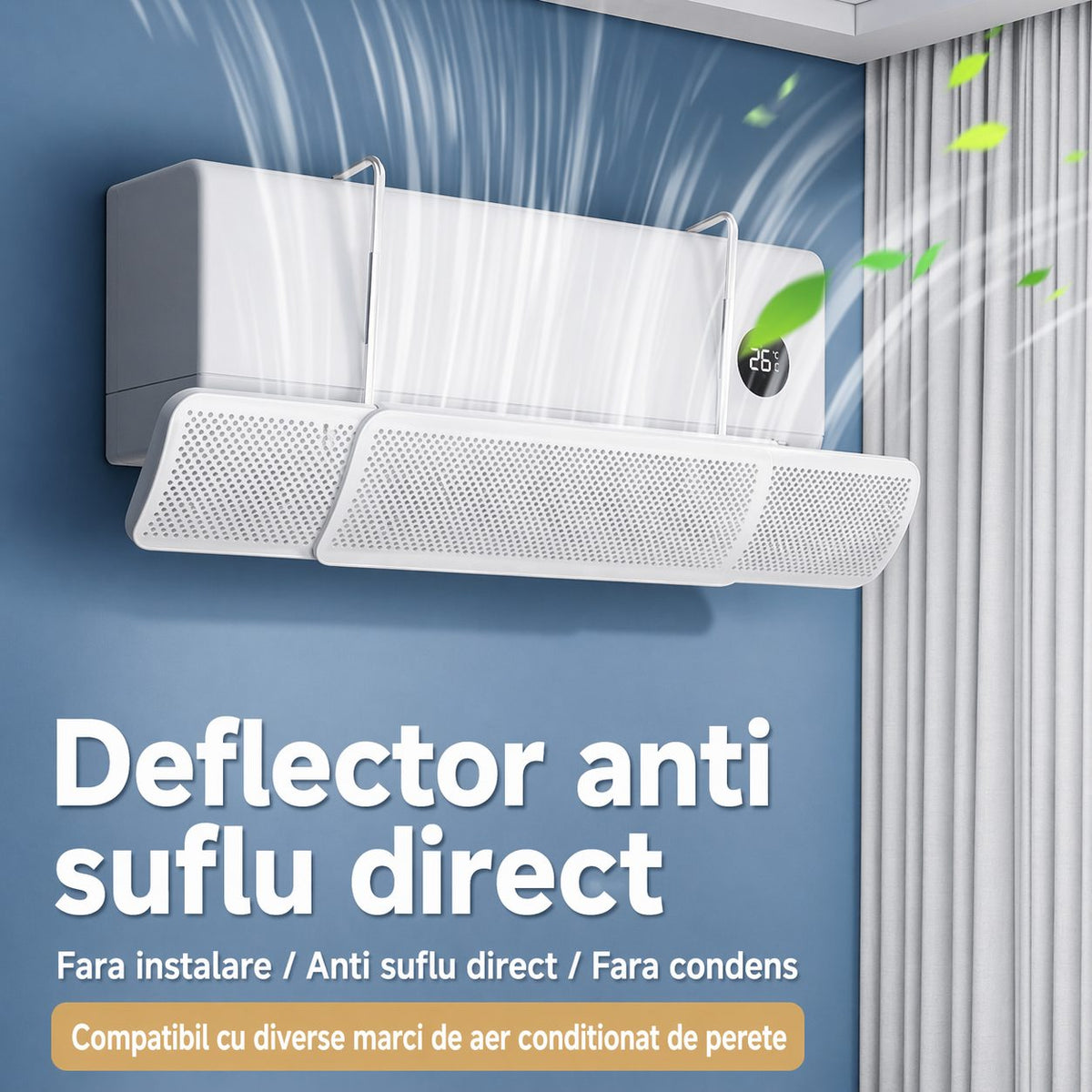 Deflector Aer Conditionat, Panou Protectie Flux Direct si Distributie Uniforma, Brat Extensibil Universal, Plastic, Latime 18 cm, Alb
