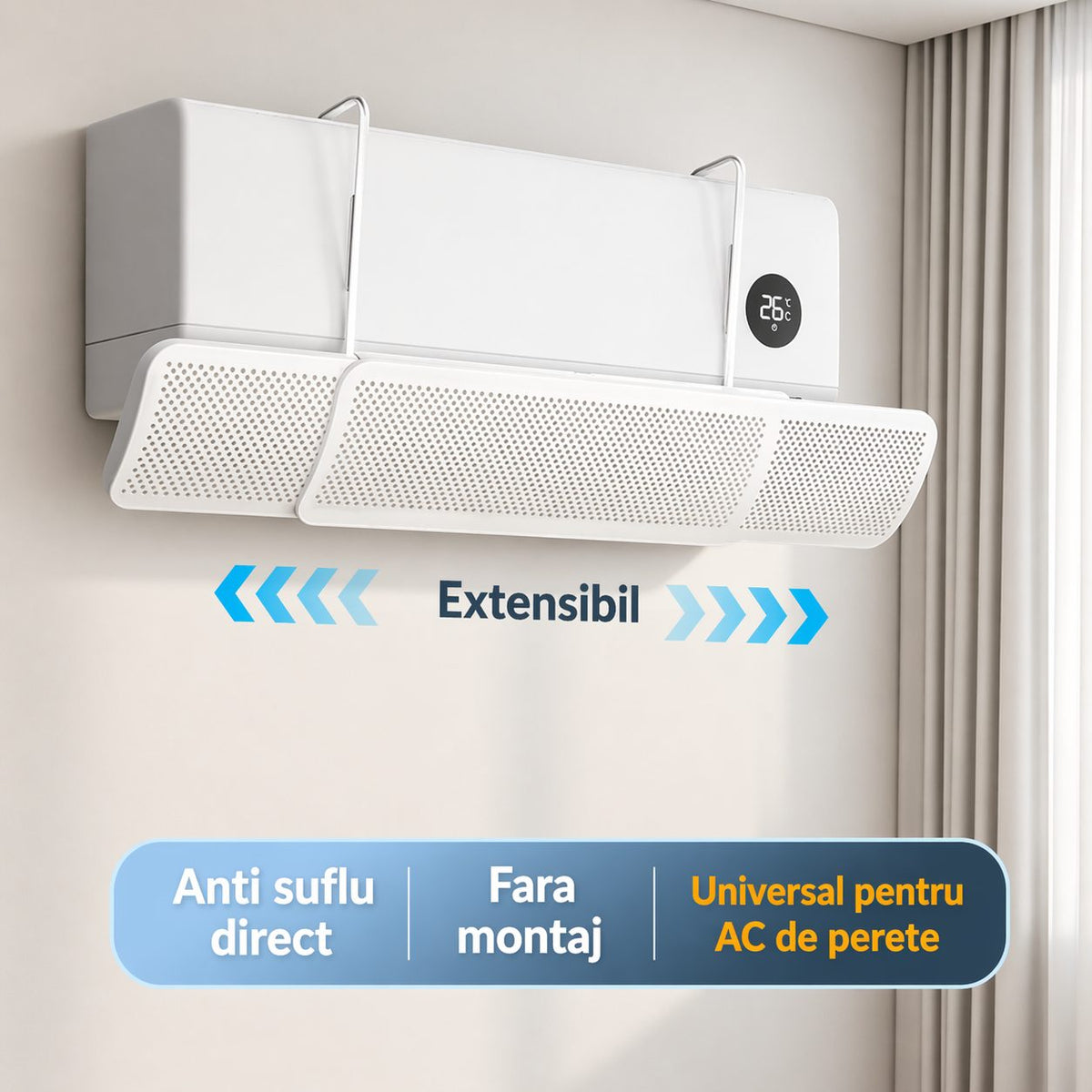 Deflector Aer Conditionat, Panou Protectie Flux Direct si Distributie Uniforma, Brat Extensibil Universal, Plastic, Latime 18 cm, Alb