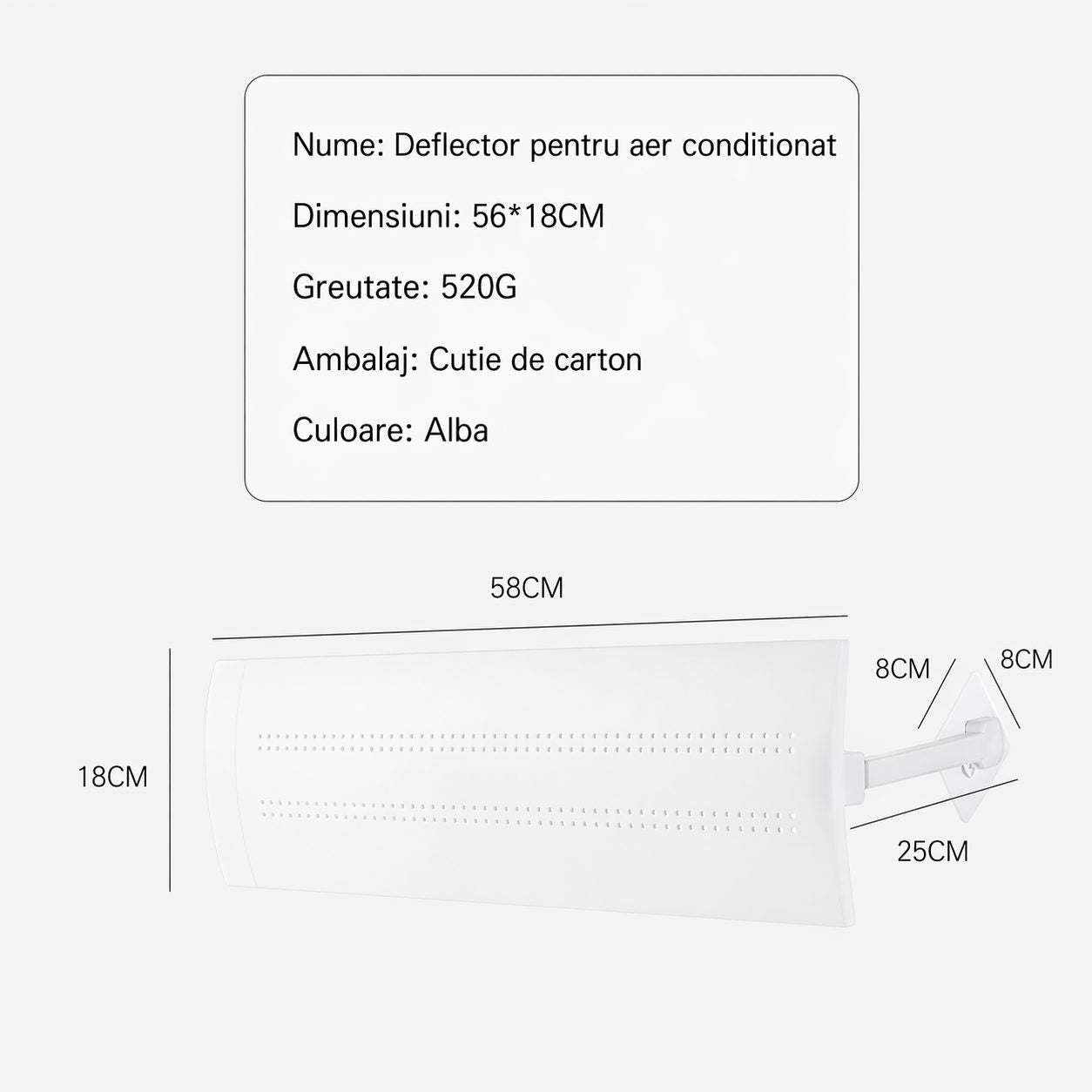 Deflector Aer Conditionat Model S, Paravant pentru Redirectionarea Fluxului de Aer, 3 Panouri Ajustabile, Plastic, 56 x 18 cm, Alb