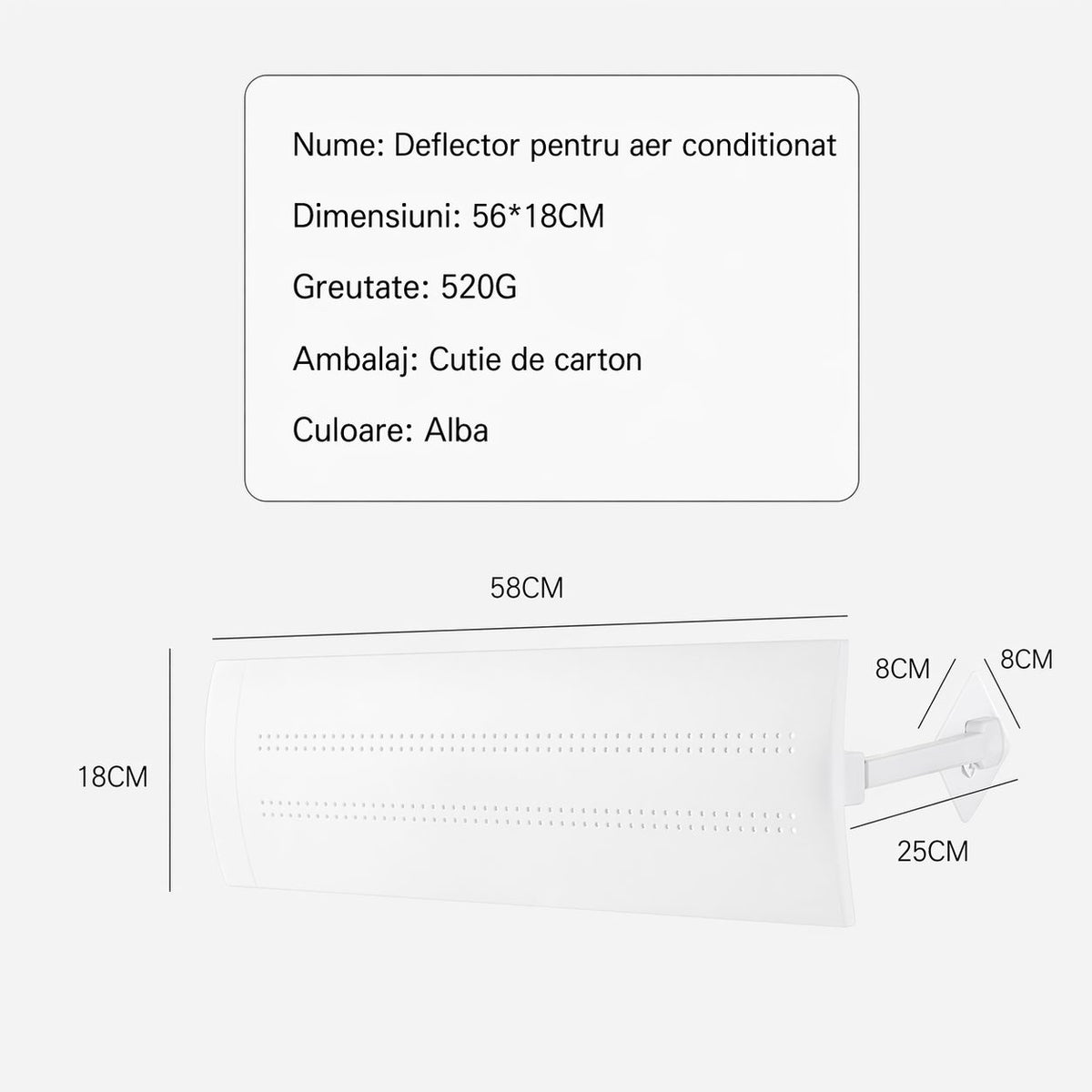Deflector Aer Conditionat Model S, Paravant pentru Redirectionarea Fluxului de Aer, 3 Panouri Ajustabile, Plastic, 56 x 18 cm, Alb