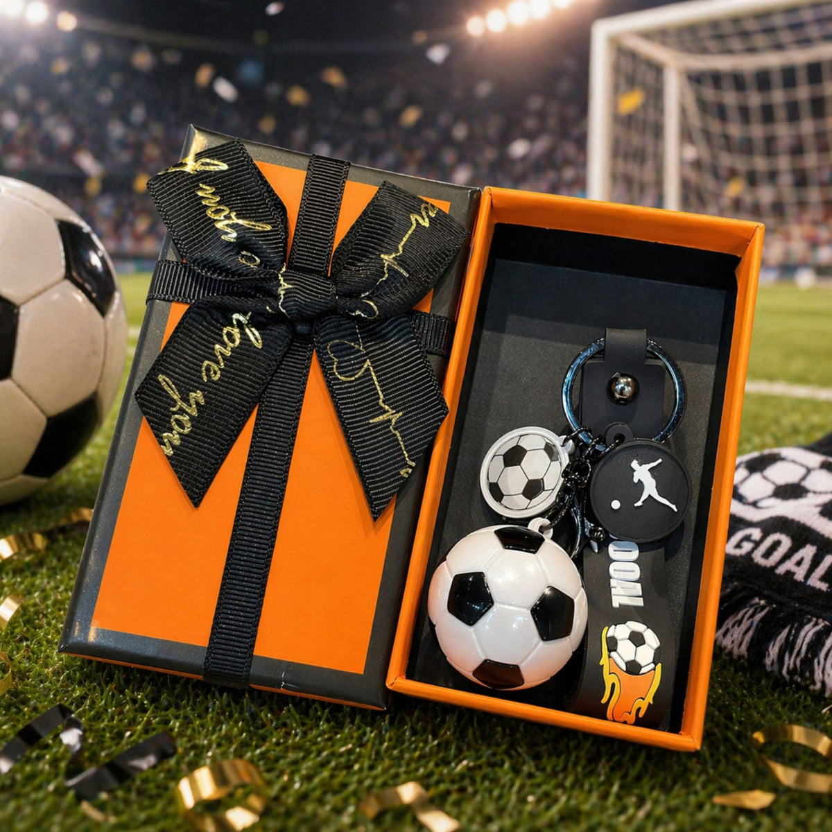 Breloc Chei Minge de Fotbal, Pandantiv Tematic Cupa Mondiala, Accesoriu Rucsac si Geanta, Material Acril, Cutie Cadou Inclusa, 50 g, Alb/Negru