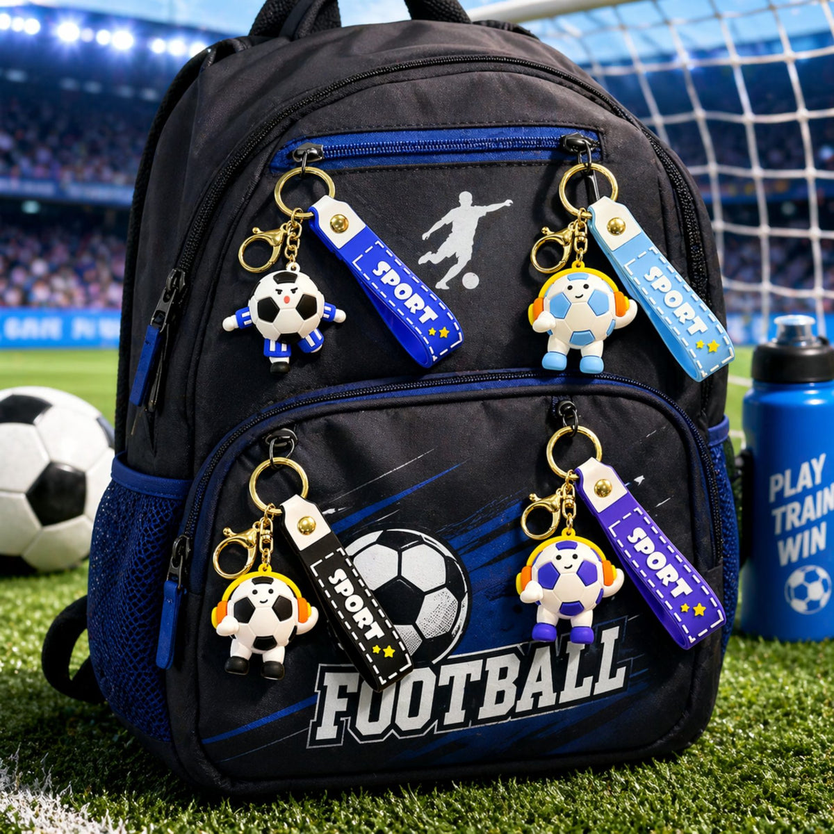 Breloc Chei Minge de Fotbal cu Casti, Accesoriu Tematic Cupa Mondiala pentru Rucsac si Geanta, Material Acril, 50 g, Albastru Deschis